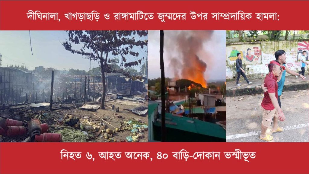 Communal attacks on Jummas in Dighinala, Khagrachari and Rangamati: 6 killed, many injured, 45 houses & shops destroyed