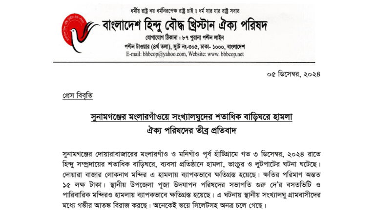 সুনামগঞ্জের মংলারগাঁওয়ে সংখ্যালঘুদের শতাধিক বাড়িঘরে হামলা: ঐক্য পরিষদের প্রতিবাদ