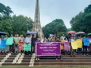 Rally held at CU protesting the gang rape of an indigenous student in Khagrachari and demanding exemplary punishment of the perpetrators