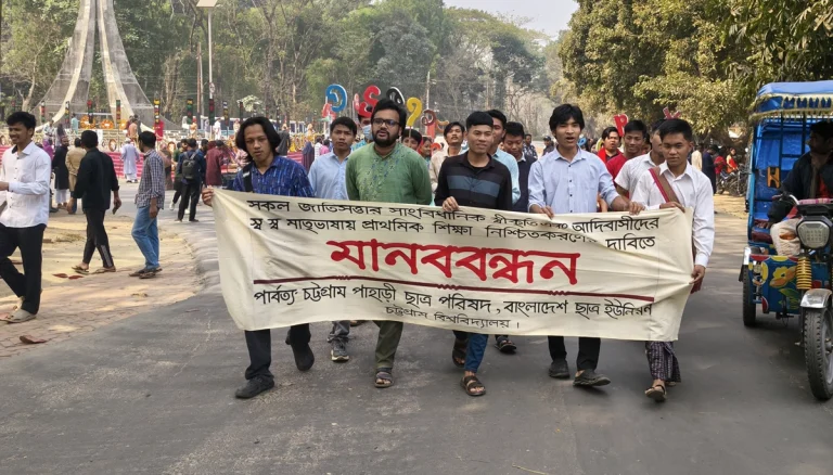 চবিতে আদিবাসীদের সাংবিধানিক স্বীকৃতি ও মাতৃভাষায় শিক্ষার দাবিতে মানববন্ধন